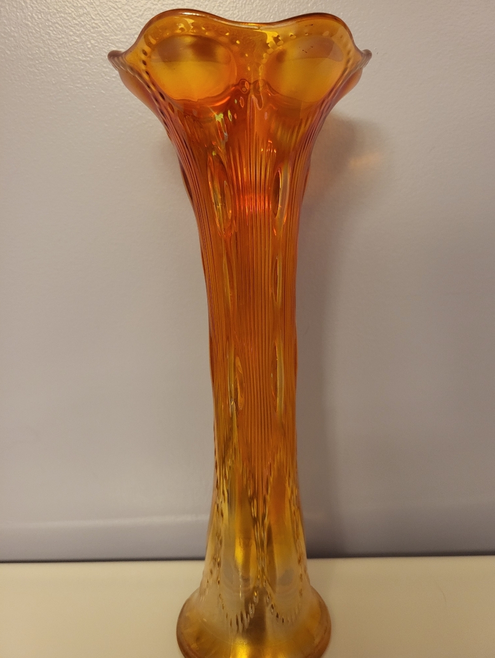 ANT. 1910 Imperial Glass Ired. Marigold 12 In. Beaded Bulls Eye Swung Vase